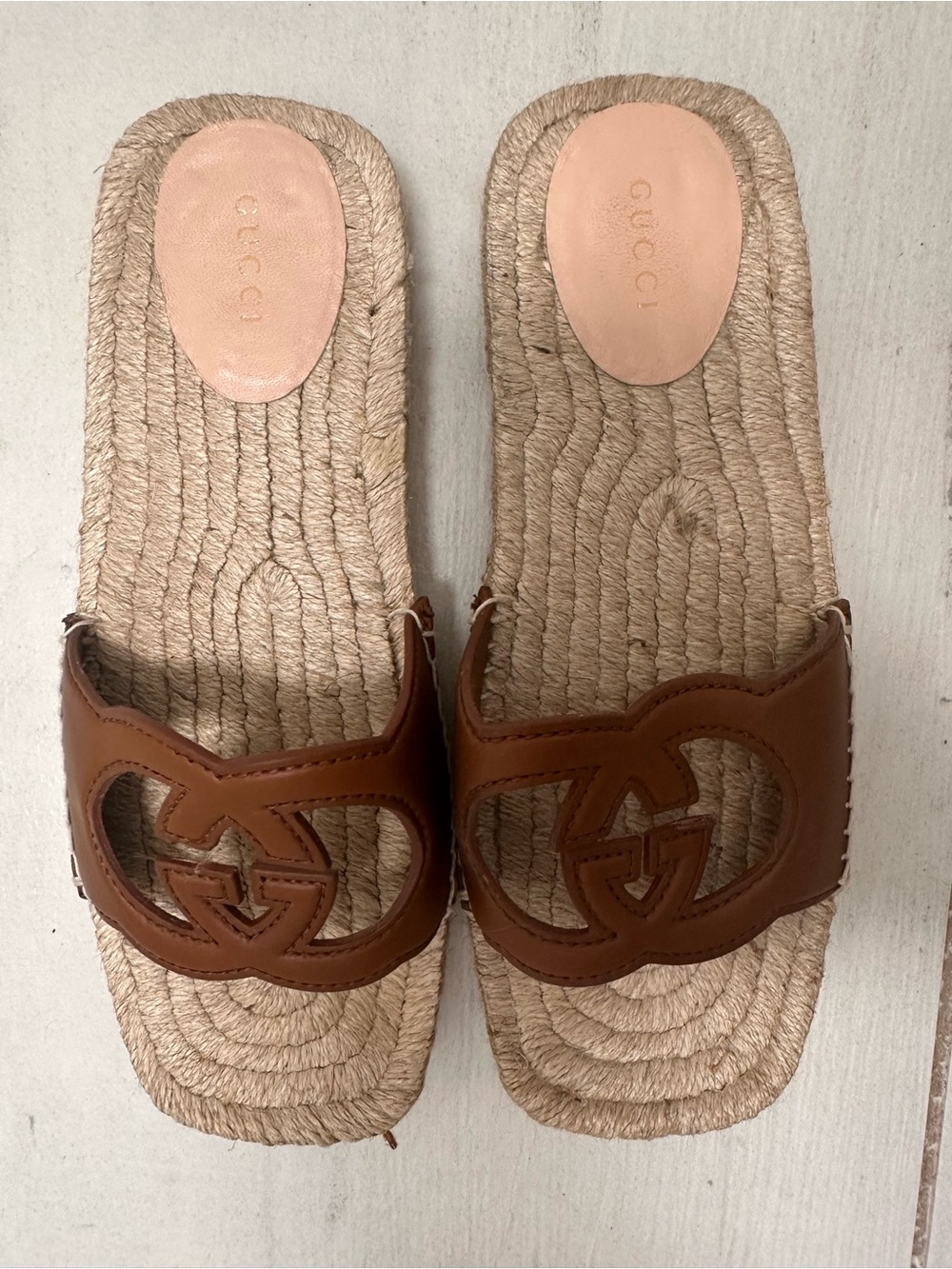 GucciI Inter-Locking G Brown Leather Espadrille Slide Sandals